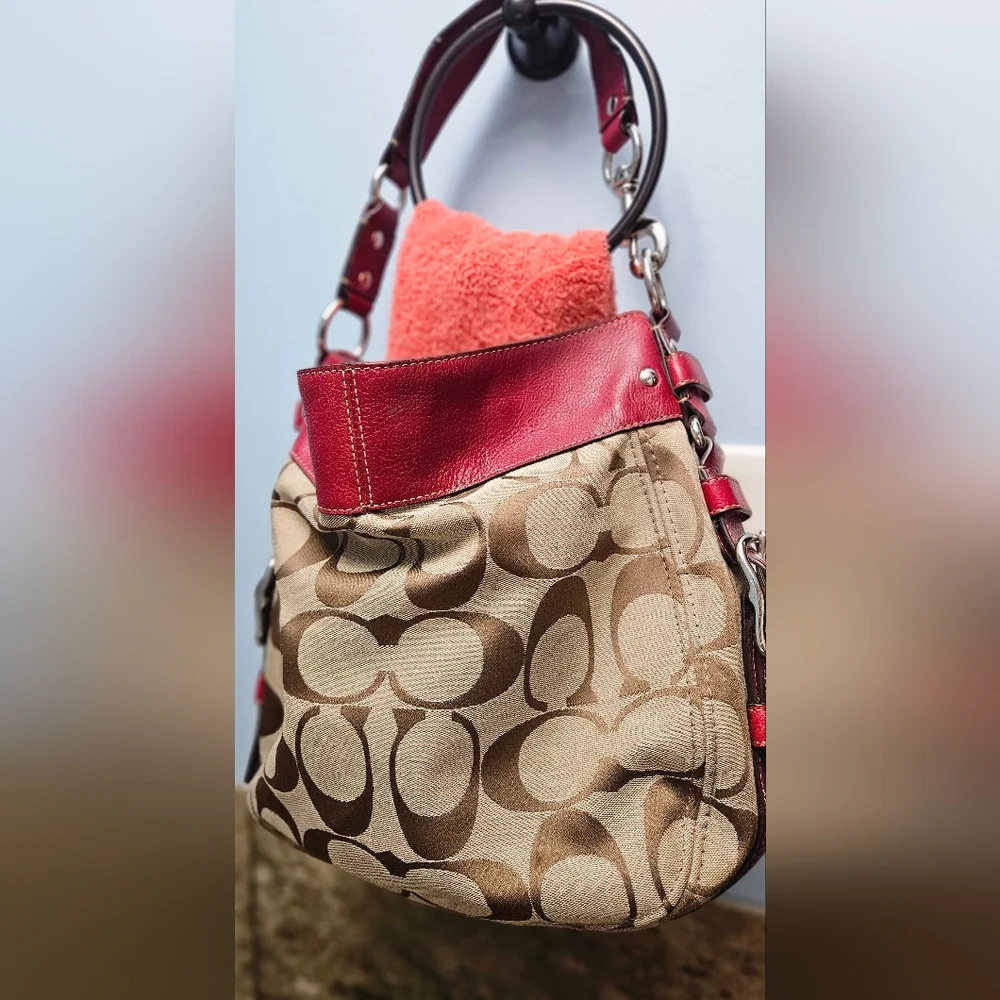 Coach Signature Canvas and Red Leather Tote - Picture 3 of 5